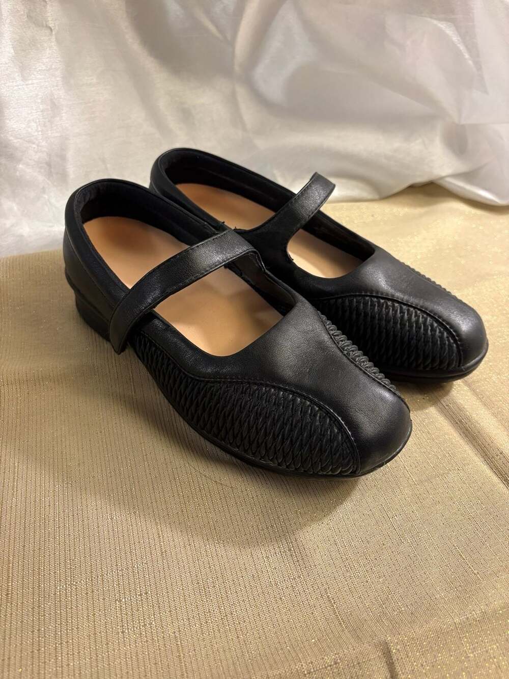 Propét Erika Black Leather Comfort Mary Jane Flats Shoes